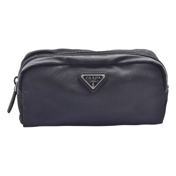PRADA 經典銀三角LOGO尼龍長型拉鍊萬用包/化妝包(黑色)