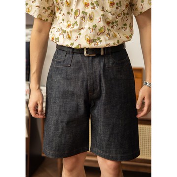 巴黎扣牛仔褲 工裝短褲14oz赤耳丹寧 藍色布邊 寬鬆版型 美式復古