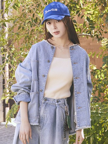 不收邊抽鬚無領口袋牛仔夾克外套(01001228600) - earth music&ecology