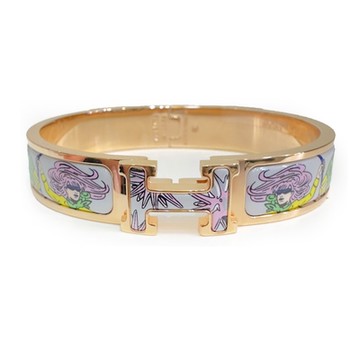 【Hermes 愛馬仕】 H703313FO F6 經典Clic H LOGO琺瑯金色窄版手環(印花圖騰)