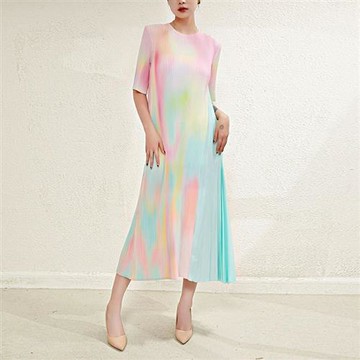 【米蘭精品】褶皺洋裝短袖連身裙-彈力三宅風暈染印花女裙子4色74fe27