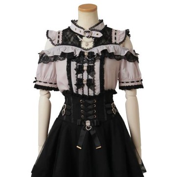 日系量產型顯高顯瘦顯白項圈領露肩蕾絲甜美蝴蝶結重工學院風襯衫