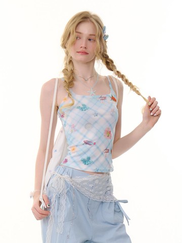 ziziFei夏季美式復古設計感格紋貝殼印花修身顯瘦上衣背心吊帶女