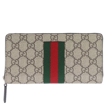 GUCCI 卡其色 GG 老花防水布綠紅織帶拉鍊長夾(12卡)