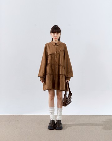 不對稱荷葉剪接襯衫短洋裝 兩色售