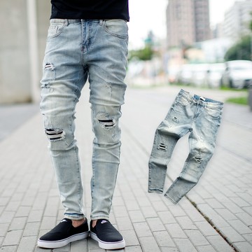 【NB1478J】韓國製淺藍刷色抽鬚破洞補丁合身版牛仔褲(LE-SC016)