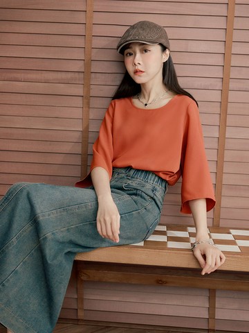 質感純色厚雪紡七分喇叭袖上衣