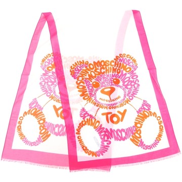 MOSCHINO 塗鴉字母泰迪熊棉質混紡桃紅框披肩/圍巾