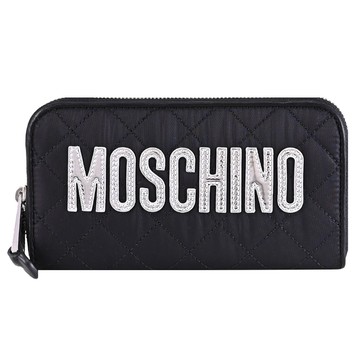 MOSCHINO 亮銀LOGO尼龍菱格紋絎縫拉鍊長夾.黑