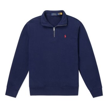 Polo Ralph Lauren RL 熱銷刺繡小馬立領半開襟雙面針織大學T恤(鋪棉款)-深藍色