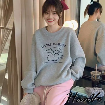 【HanVo】可愛兔兔插畫鋪棉大學T 加絨保暖親膚柔軟 圓領休閒百搭 韓系女裝 女生衣著 A02-0560