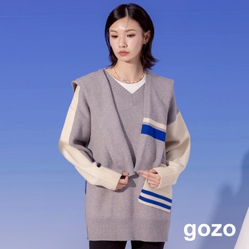【gozo】滑雪女王配色大口袋V領針織毛衣(淺灰/深咖_F) | 女裝 V領 保暖