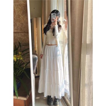 Brandy Girl白色蛋糕裙半身裙女bm高腰初戀仙女百搭荷葉邊長裙