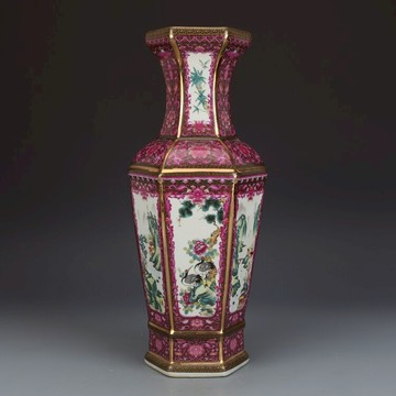 清乾隆御制琺瑯彩六方瓶古董真品古玩收藏仿古瓷器景德鎮擺件舊貨