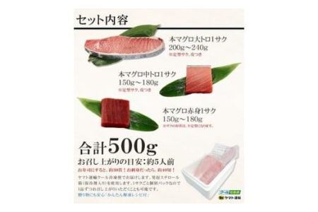 本マグロ大トロ中トロ赤身セット500g　解凍レシピ付　1サクずつ真空包装