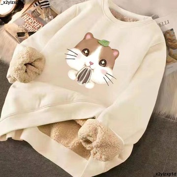 大促銷臘 秋冬男女衛衣 加絨上衣 大學T 奶杏色羊羔絨圓領衛衣女秋冬季新款卡通小眾外套加絨寬鬆上衣