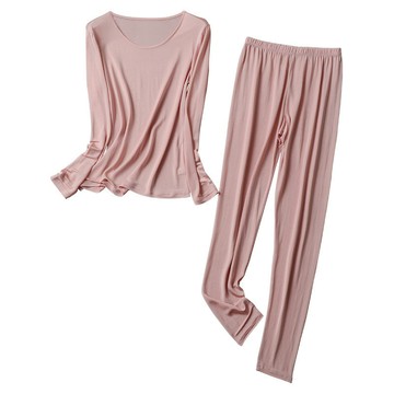 100%桑蠶絲女士睡衣 滑爽薄款素色長袖打底保暖衛生衣衛生褲套裝 恭