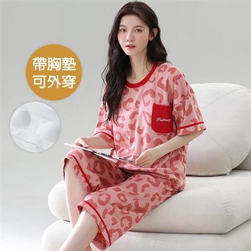 【韓國K.W.】韓國甜美知性有胸墊居家睡衣(睡衣/睡裙/家居服/涼感睡衣/連身睡衣)