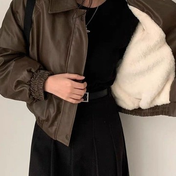 韓版加絨皮衣外套女pu皮寬鬆加厚夾克秋冬新款小個子短款上衣 夾克外套 皮夾克外套 秋冬外套 短款外套 女裝 上衣 外套