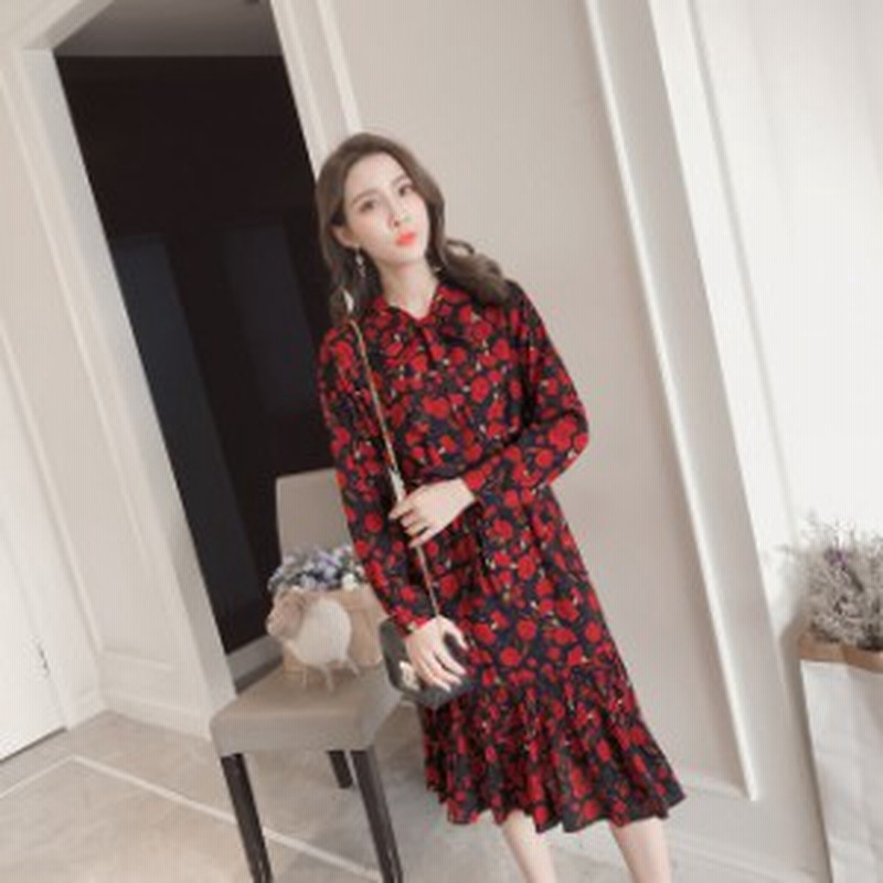 ワンピース ロングワンピース 花柄 シフォンワンピース レトロ 裾コンシャス 袖コンシャス フレア ひざ下丈 赤 カジュアル 通販 Lineポイント最大1 0 Get Lineショッピング