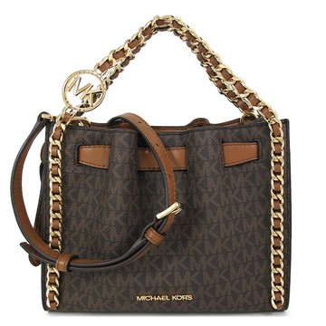MICHAEL KORS MINA 金字Logo咖啡色滿版防刮編織金鏈手提斜背兩用包