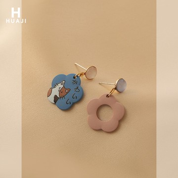 花跡花朵耳環女2021年新款潮夏季款卡通貓咪耳釘甜美可愛個性耳飾