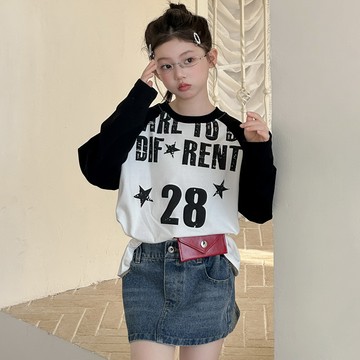 【中大女童/親子裝】撞色字母數字T恤+牛仔裙套裝(可拆賣)