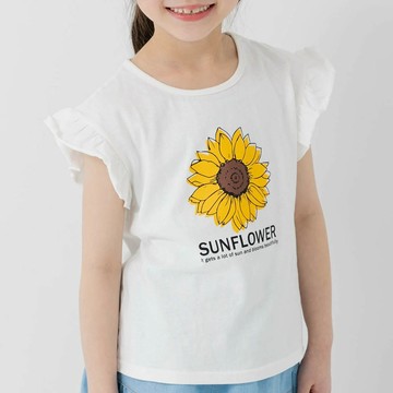 日本 Chil2 - 100%棉 荷葉邊女孩印花短袖上衣-向日葵-白