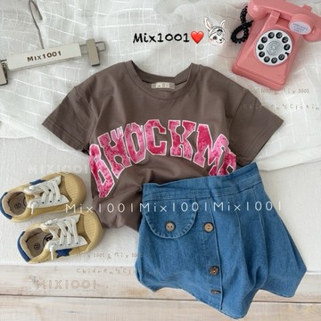 🌈✨mix1001造型縮腰粉紅字母印圖上衣✨兒童側造型縮腰上衣5-17