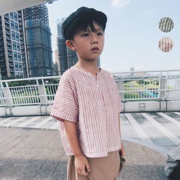 超薄細條小文青棉麻襯衫 蝙蝠袖 短袖襯衫 短袖上衣 童裝 男童 兒童 橘魔法 現貨【BB0178】