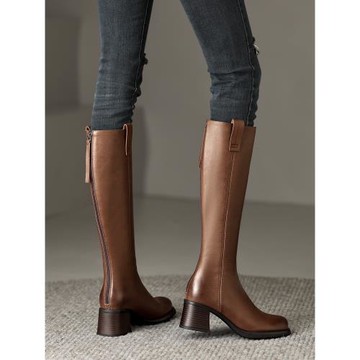 真皮復古棕色高筒靴騎士靴厚底圓頭秋冬新款粗跟不過膝長筒靴女