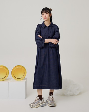 澎澎袖半開襟柔軟仿牛仔洋裝(兩色)