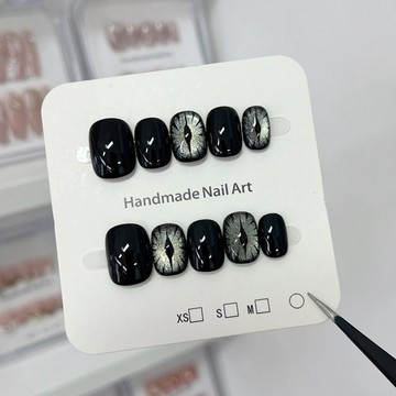 🔥臺灣出貨🔥惡魔之眼黑色手工純手工暗黑短款甜酷美甲穿戴貓眼辣妹貼片高級