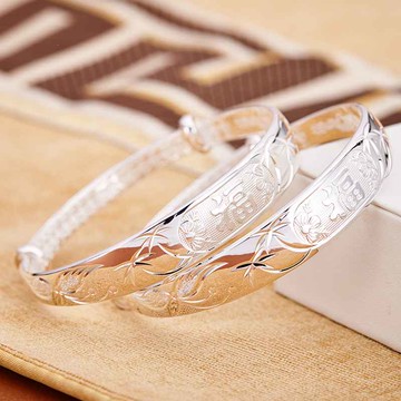 銀手鐲媽媽款s999純銀女寬面實心推拉福字足銀手環鐲民族風送老婆