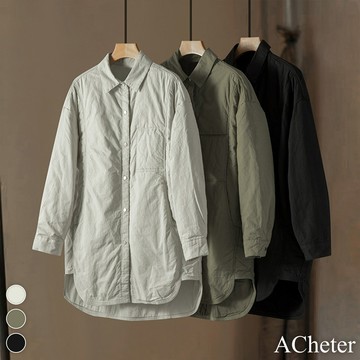 【ACheter】時尚百搭夾棉保暖棉料Polo領外罩寬鬆大碼中長襯衫# 119897  (現貨+預購)