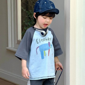 BOMI - 涼感吸濕透氣圓領短袖上衣-可愛小象-拼色藍