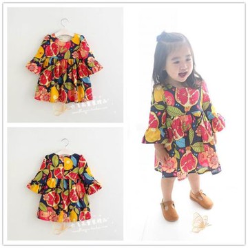 春秋新款女童貝語童夢水果印花喇叭袖七分袖連衣裙童裙棉布裙