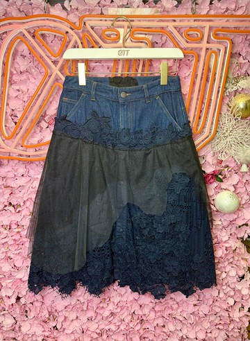 OTT獨一無二•Unique日系浪漫風深藍色重工不規則牛仔蕾絲裙