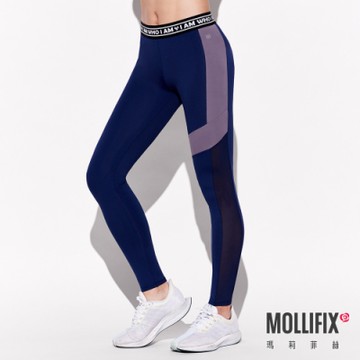 Mollifix 瑪莉菲絲 撞色拼接褲頭織帶動塑褲 (藍+灰)瑜珈服、Legging 暢貨出清