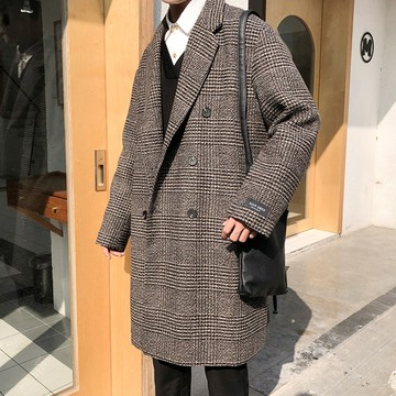 長版寛鬆格紋毛呢大衣 / oversize / 復古千鳥格 / 雙排扣風衣外套 / 雙排扣西裝 / S到4XL【QTJ17006】