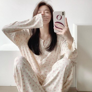 甜美少女v領長袖睡衣女春秋新款蝴蝶結純欲風家居服兩件套裝女生睡衣 可愛睡衣 卡通睡衣 居家睡衣  休閒睡衣 寬鬆睡衣 睡