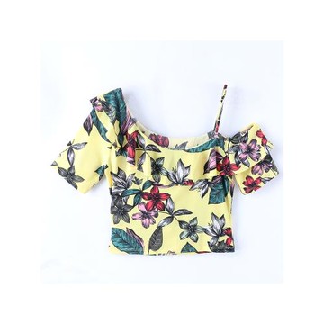 諾諾E站 【GS】夏裝 寬松一字領露肩荷葉邊單邊吊帶個性印花短袖