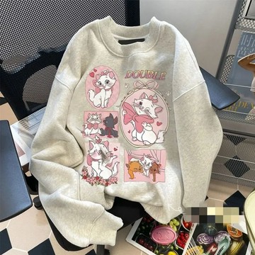 美式複古白灰色圓領衛衣女寬鬆秋冬季加絨加厚小眾設計感上衣外套
