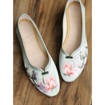 春夏季緞面老北京布鞋女單鞋低跟平底民族風繡花旗袍鞋茶藝師鞋