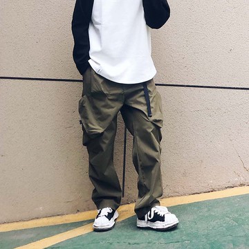CITYBOY日系寬松大口袋系帶工裝休閒寬褲