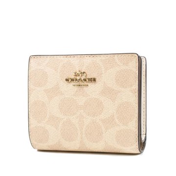 COACH 緹花LOGO防刮皮革釦式拉鍊袋短夾-灰褐