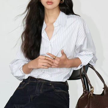 鹽系條紋襯衫 慵懶風寬鬆休閒襯衫女2026春秋長袖通勤外套