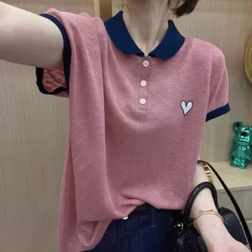 台出 上衣 短袖 POLO衫 t恤 polo領 百搭 夏季新款女士polo衫翻領針織衫冰絲短袖t恤遮肚子上衣體恤