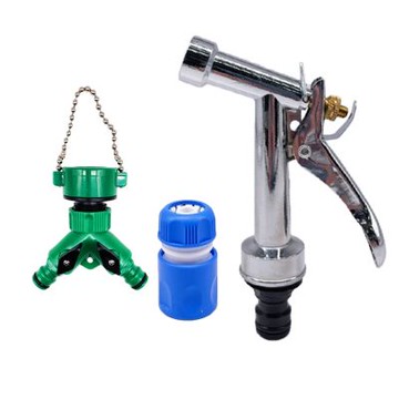 金德恩 超值3入組合 小型自由控鋅合金可固定水管水槍+三通水管龍頭分接頭附鍊條+四分直通式水管快速轉接頭