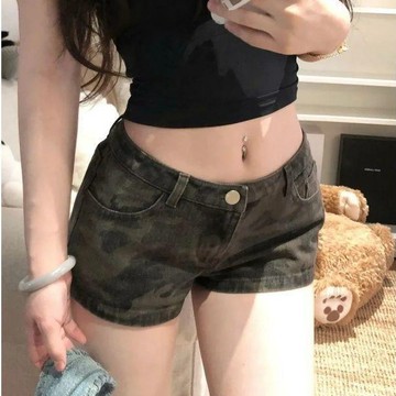 ✨MY女裝 美式 迷彩牛仔短褲 女 夏季新款 設計感 高腰 提臀 顯瘦 a字 辣妹 闊腿熱褲 運動褲 休閒褲 短褲 百搭